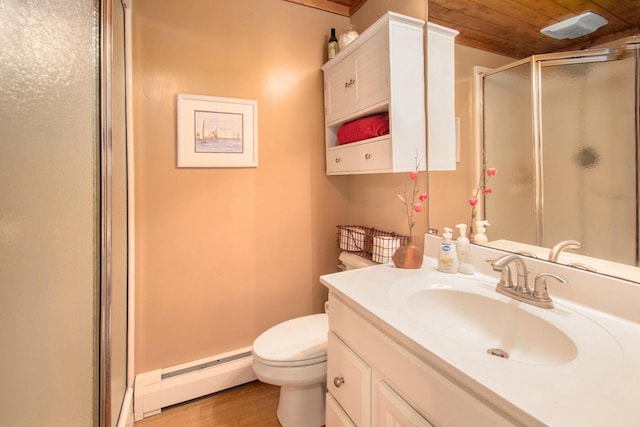 bathroom with an enclosed shower, a baseboard heating unit, wooden ceiling, and hardwood / wood-style floors