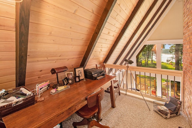 unfurnished office with carpet flooring, vaulted ceiling with beams, wood ceiling, and wood walls