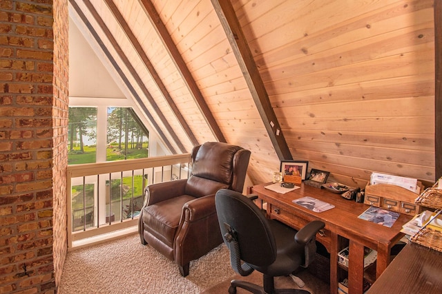 carpeted home office featuring vaulted ceiling with beams, wooden walls, and wooden ceiling