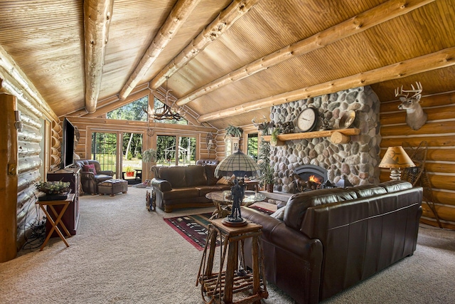 carpeted living room with rustic walls, beam ceiling, high vaulted ceiling, a stone fireplace, and wooden ceiling