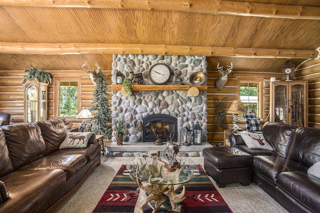 carpeted living room featuring log walls, a fireplace, wooden ceiling, and beamed ceiling