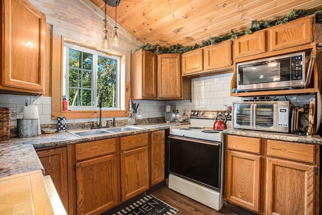 kitchen featuring vaulted ceiling, pendant lighting, sink, electric range, and wood ceiling