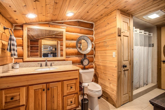 bathroom with lofted ceiling, rustic walls, wood ceiling, toilet, and a shower with shower curtain