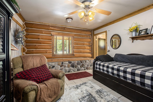 tiled bedroom featuring ceiling fan, ornamental molding, and log walls