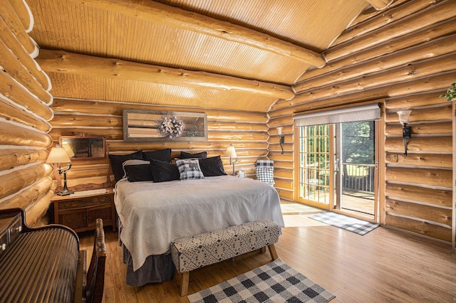 bedroom featuring access to exterior, wood ceiling, lofted ceiling with beams, light wood-type flooring, and log walls