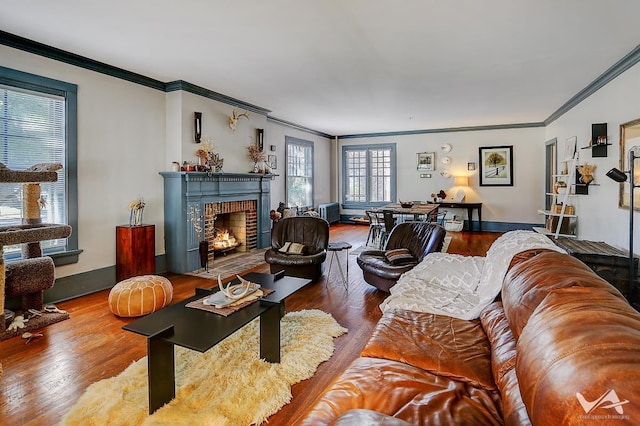 living room featuring a fireplace, ornamental molding, and hardwood / wood-style flooring