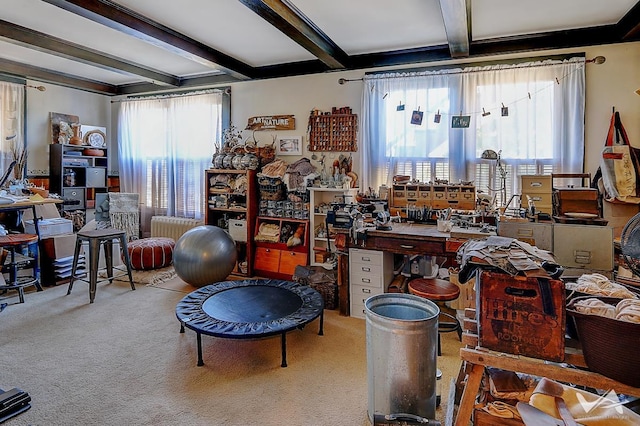 misc room featuring beamed ceiling, light colored carpet, and radiator heating unit