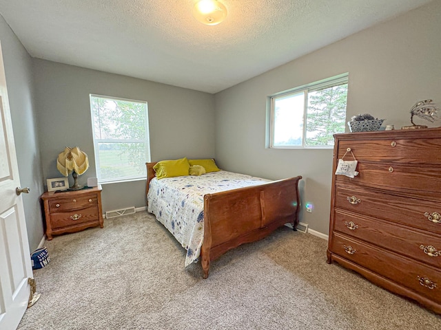 bedroom with a textured ceiling, light carpet, and multiple windows