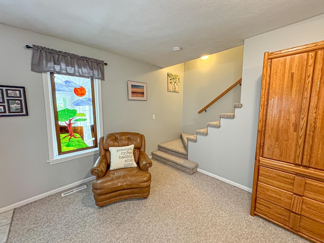 sitting room featuring a textured ceiling and carpet floors