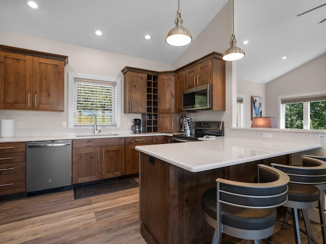 kitchen with a kitchen bar, sink, wood-type flooring, appliances with stainless steel finishes, and kitchen peninsula