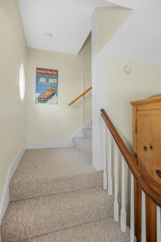 stairway featuring carpet flooring