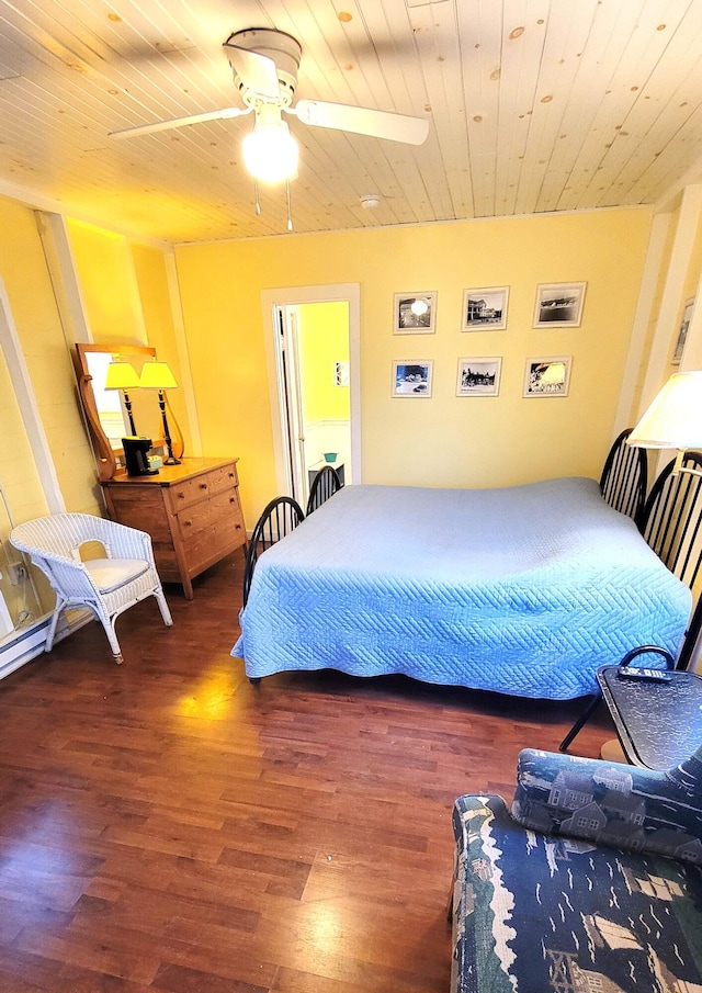 bedroom with ceiling fan, dark hardwood / wood-style flooring, and wooden ceiling