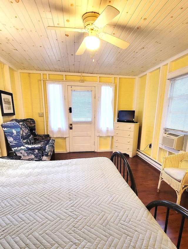 bedroom featuring a baseboard radiator, cooling unit, ceiling fan, and wood ceiling