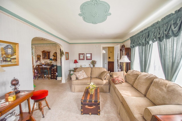 living room with light colored carpet