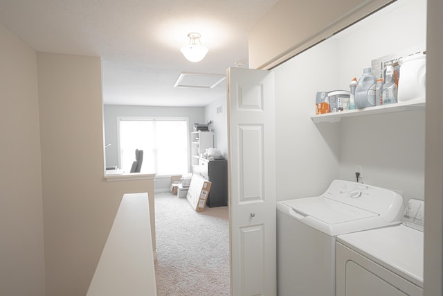 laundry room featuring washing machine and clothes dryer and carpet flooring