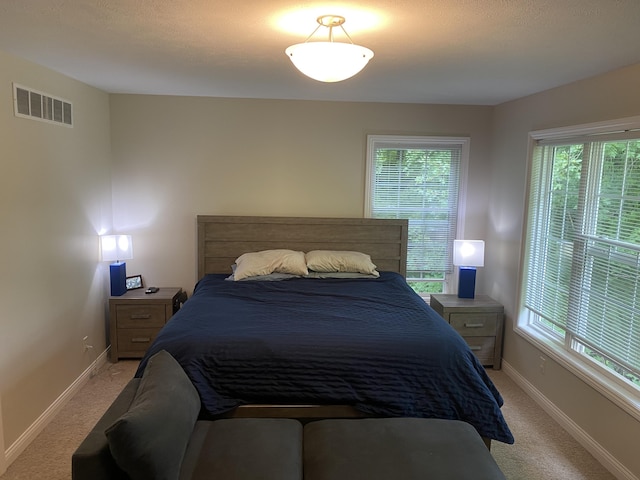 bedroom featuring multiple windows and light colored carpet