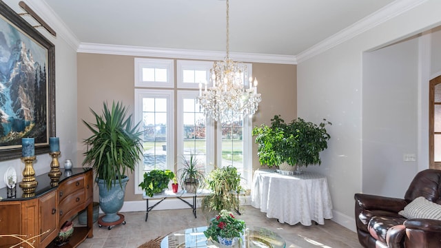 sitting room featuring an inviting chandelier and ornamental molding