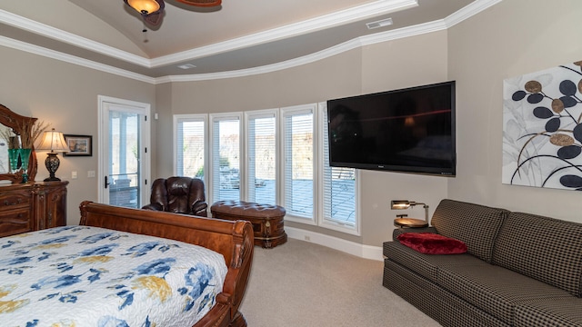 bedroom with lofted ceiling, light carpet, ornamental molding, ceiling fan, and access to exterior