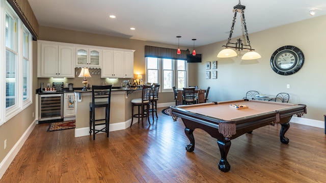 recreation room featuring bar, pool table, wine cooler, and dark hardwood / wood-style flooring