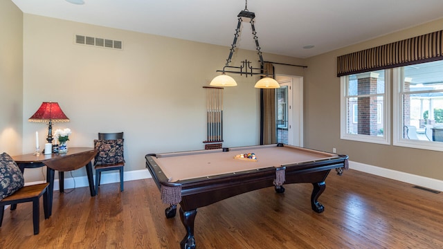 game room with dark wood-type flooring and billiards