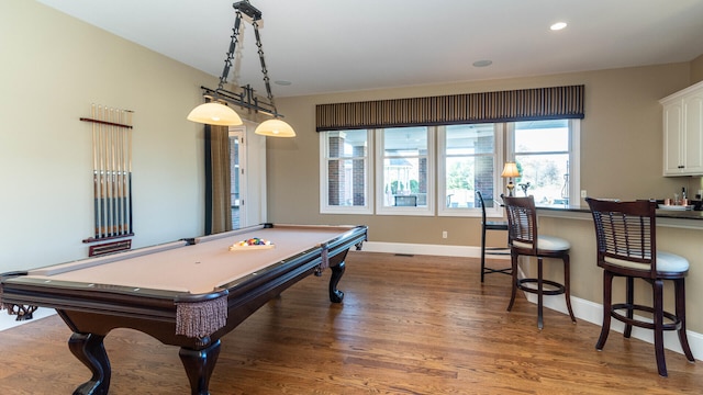 recreation room with pool table and dark hardwood / wood-style flooring