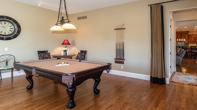 recreation room featuring billiards and dark hardwood / wood-style floors