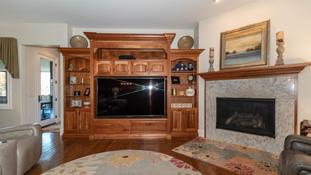 living room with a fireplace and dark hardwood / wood-style flooring