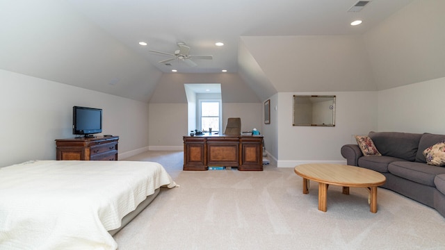 carpeted bedroom with lofted ceiling and ceiling fan