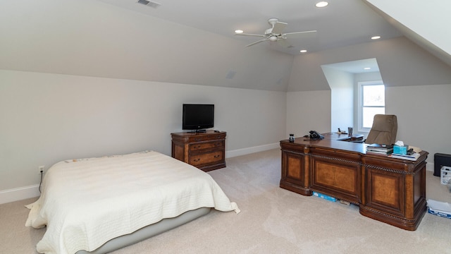 carpeted bedroom with vaulted ceiling and ceiling fan