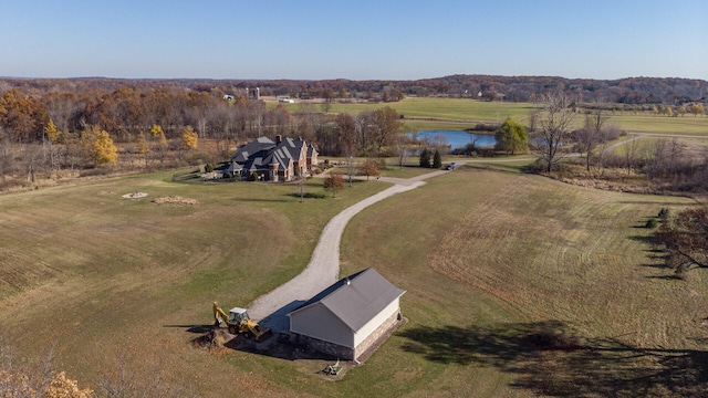 birds eye view of property featuring a rural view and a water view