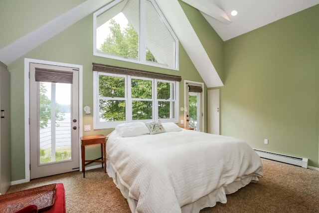 bedroom with carpet flooring, multiple windows, high vaulted ceiling, and a baseboard radiator