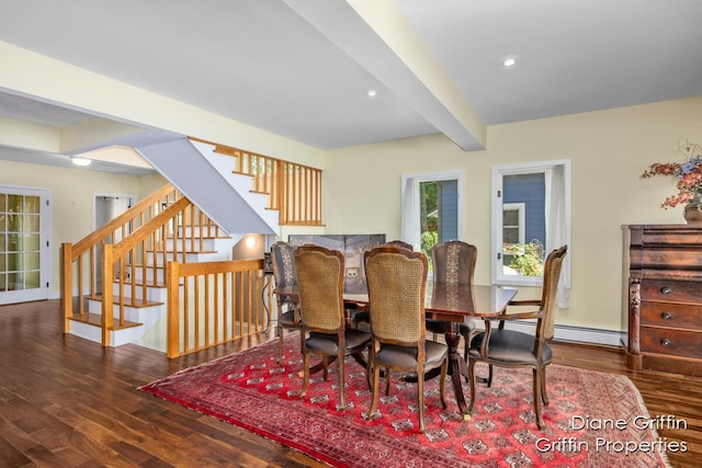 dining space with beam ceiling, dark hardwood / wood-style flooring, and baseboard heating