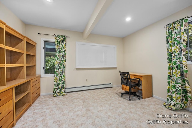 carpeted office featuring baseboard heating and beamed ceiling