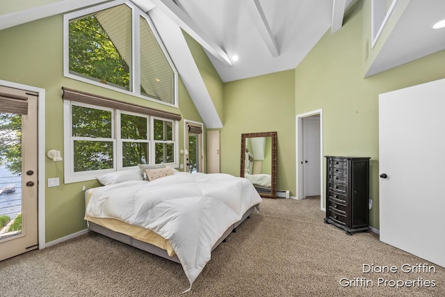 bedroom featuring access to outside, high vaulted ceiling, a baseboard heating unit, carpet flooring, and beam ceiling