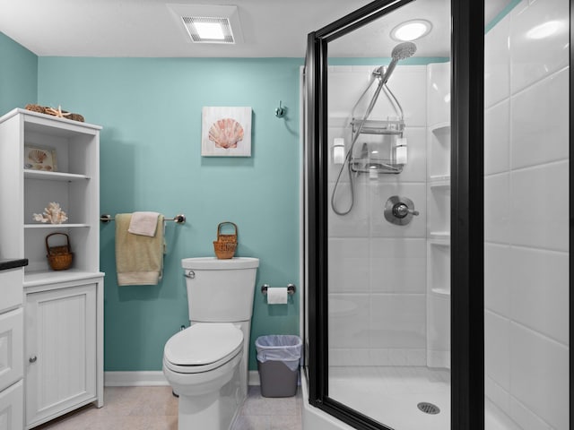 bathroom featuring tile patterned flooring, visible vents, baseboards, toilet, and a stall shower