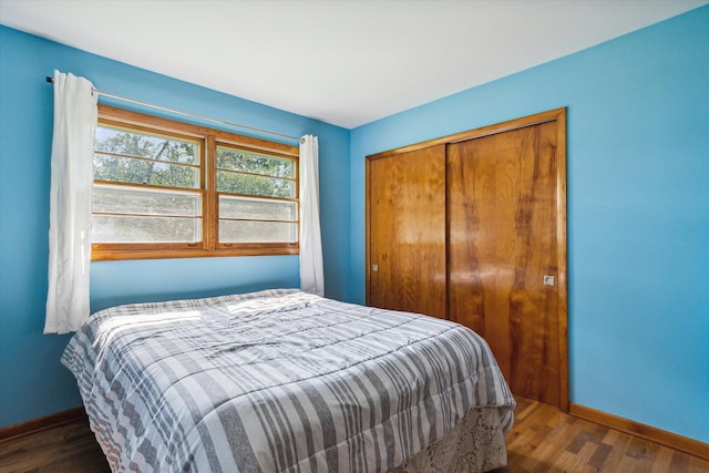 bedroom with dark hardwood / wood-style floors and a closet