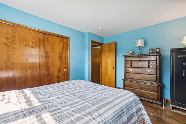 bedroom with dark wood-type flooring and a closet