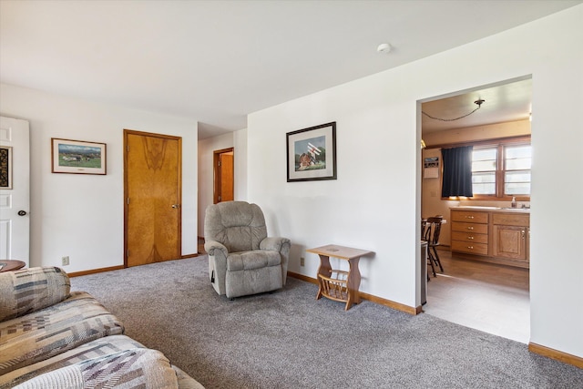 carpeted living room featuring sink