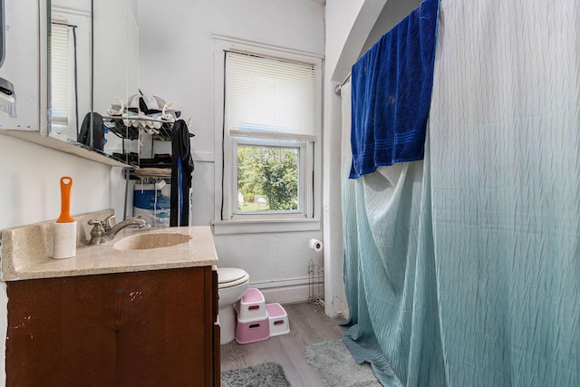 bathroom featuring toilet, curtained shower, wood finished floors, and vanity