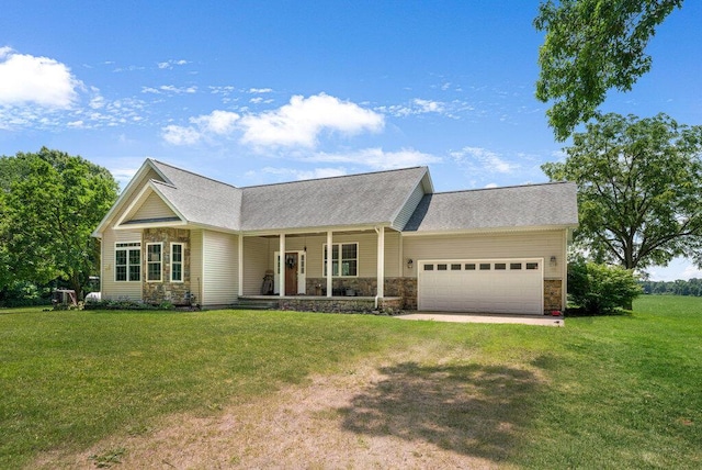 single story home with a porch, a garage, and a front lawn