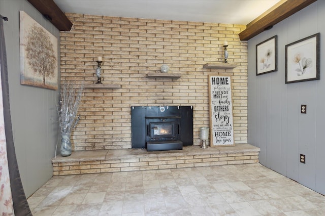 details featuring beam ceiling and wooden walls