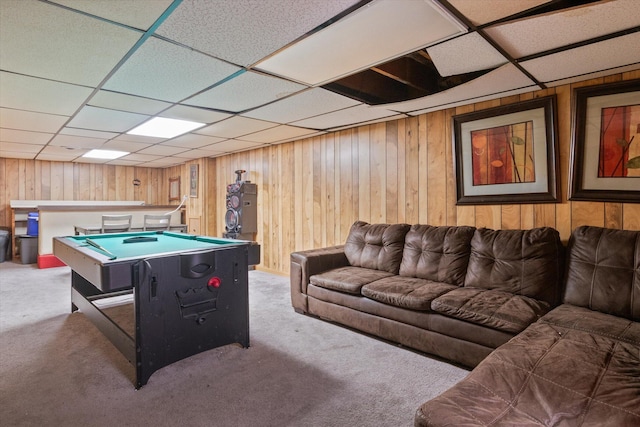 game room with carpet, pool table, and a drop ceiling