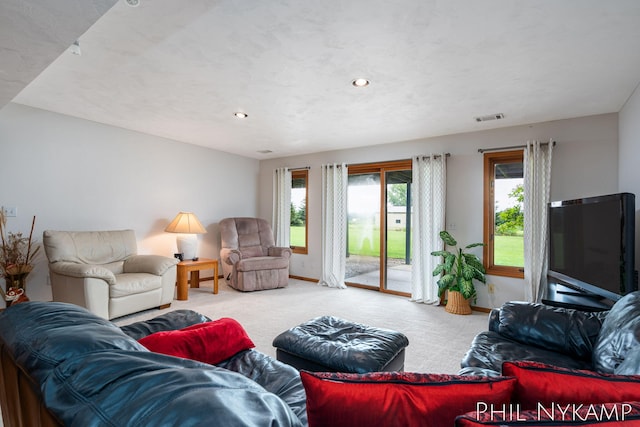 living room featuring light carpet