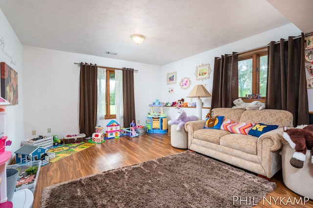 game room with plenty of natural light and wood-type flooring