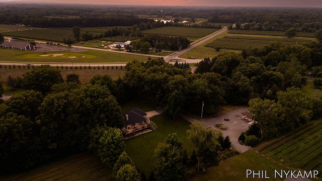 aerial view at dusk featuring a rural view