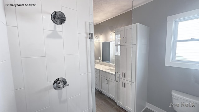 bathroom featuring vanity, a wealth of natural light, a textured ceiling, and a tile shower