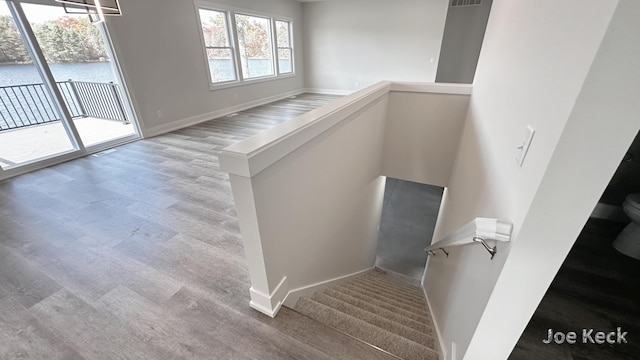 stairs with hardwood / wood-style floors