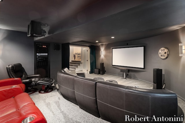 home theater with carpet flooring