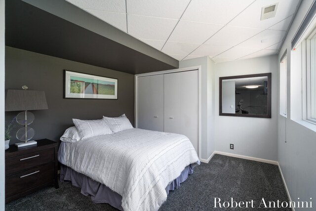 carpeted bedroom with a closet and a drop ceiling