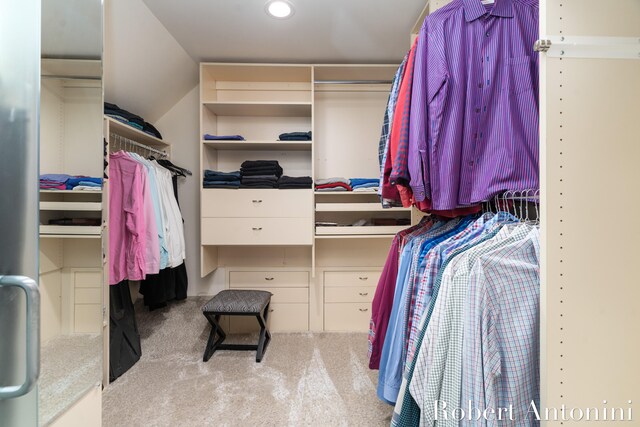 walk in closet with light carpet